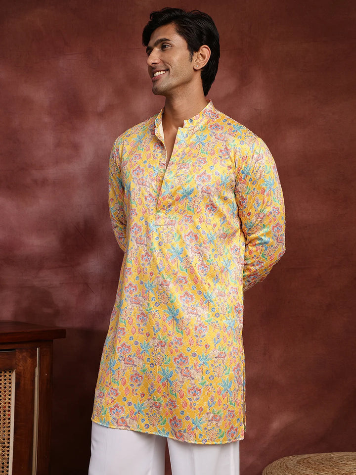 Mustard Thread Work Printed Cotton Silk Straight Kurta for Men - Image 6