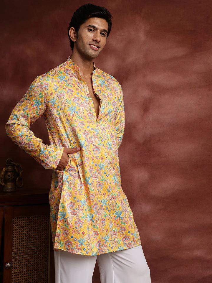 Mustard Thread Work Printed Cotton Silk Straight Kurta for Men - Image 7