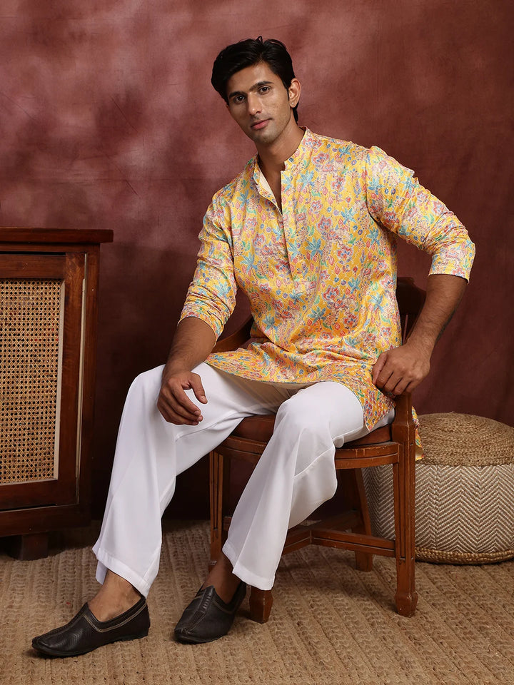 Mustard Thread Work Printed Cotton Silk Straight Kurta for Men - Image 8