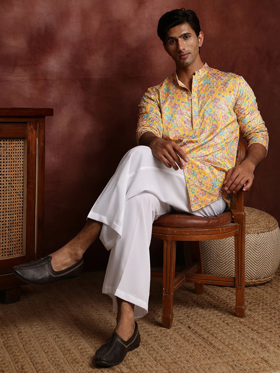 Mustard Thread Work Printed Cotton Silk Straight Kurta for Men - Image 9