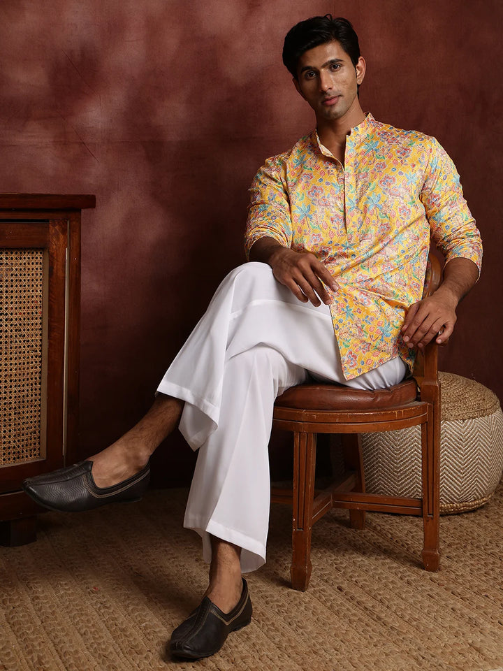 Mustard Thread Work Printed Cotton Silk Straight Kurta for Men - Image 9