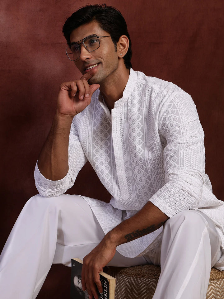 White Chikankari Embroidered Cotton Straight Kurta for Men - Image 1