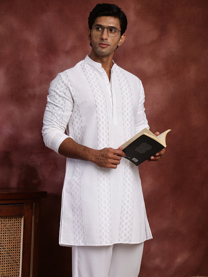White Chikankari Embroidered Cotton Straight Kurta for Men - Image 11