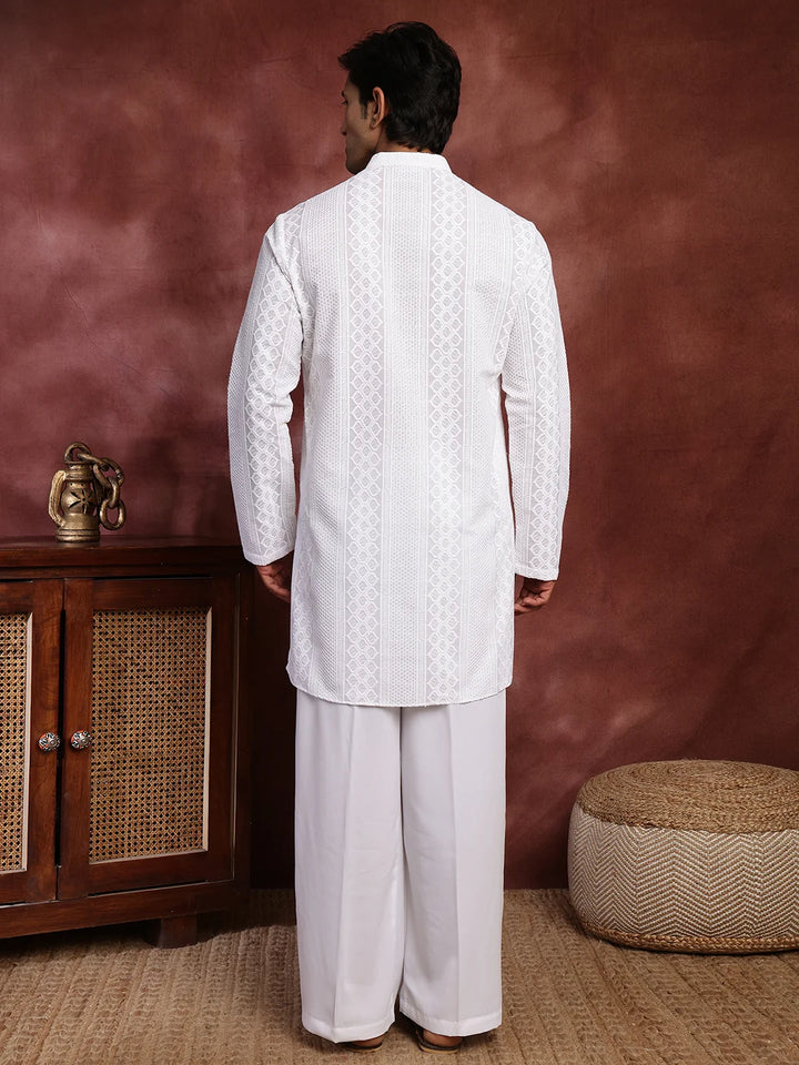 White Chikankari Embroidered Cotton Straight Kurta for Men - Image 2