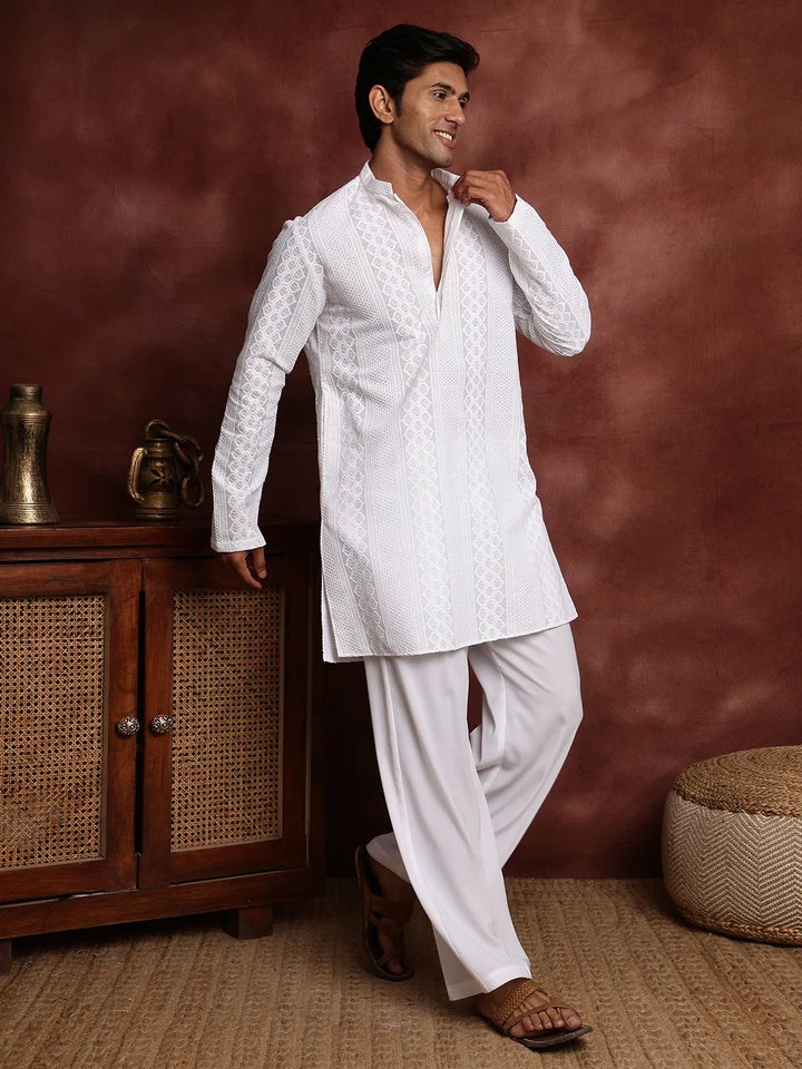 White Chikankari Embroidered Cotton Straight Kurta for Men - Image 3