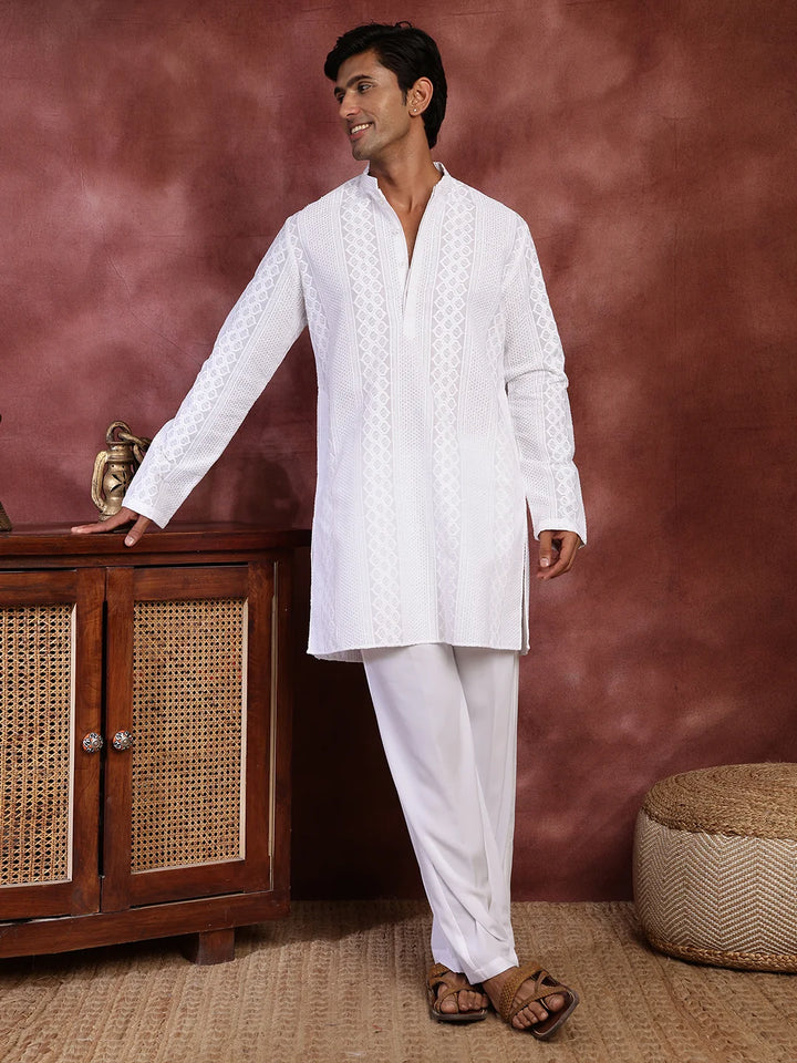 White Chikankari Embroidered Cotton Straight Kurta for Men - Image 4
