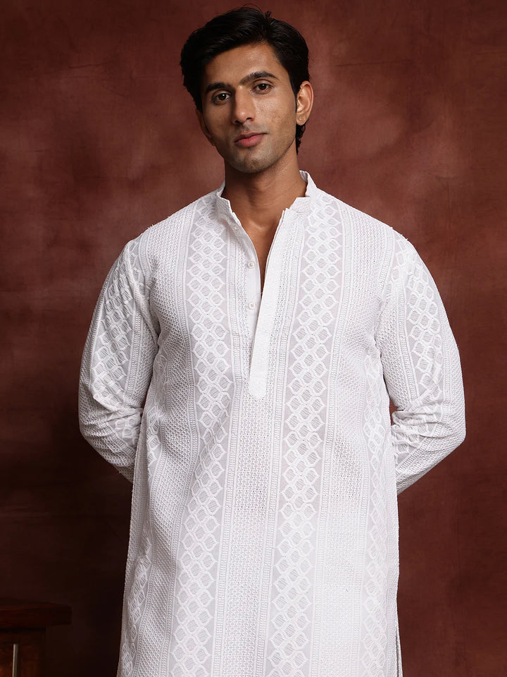 White Chikankari Embroidered Cotton Straight Kurta for Men - Image 5