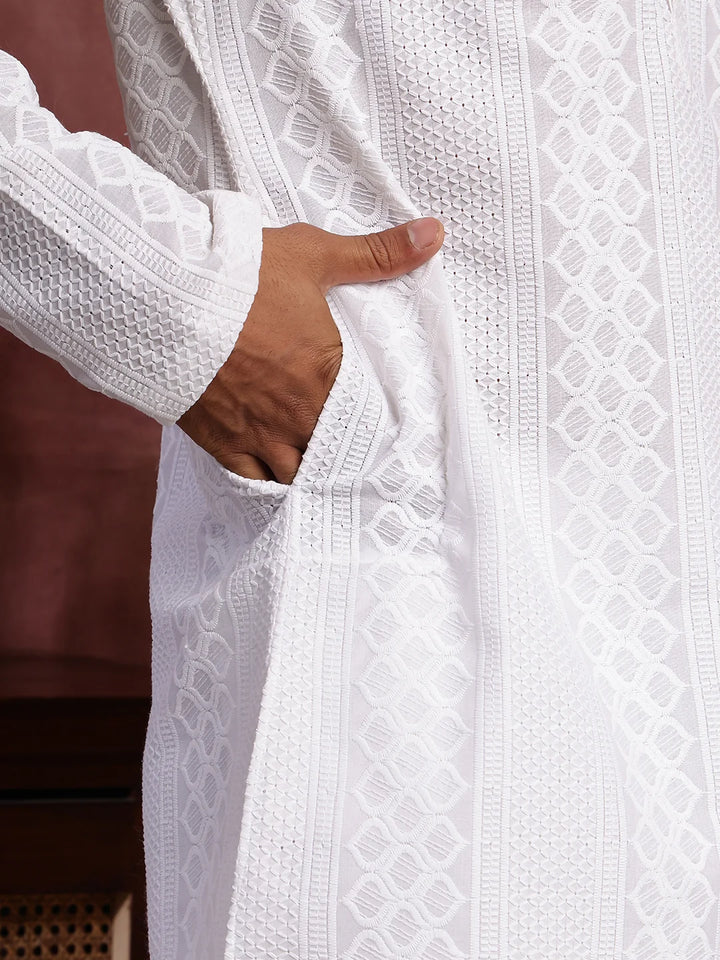 White Chikankari Embroidered Cotton Straight Kurta for Men - Image 6