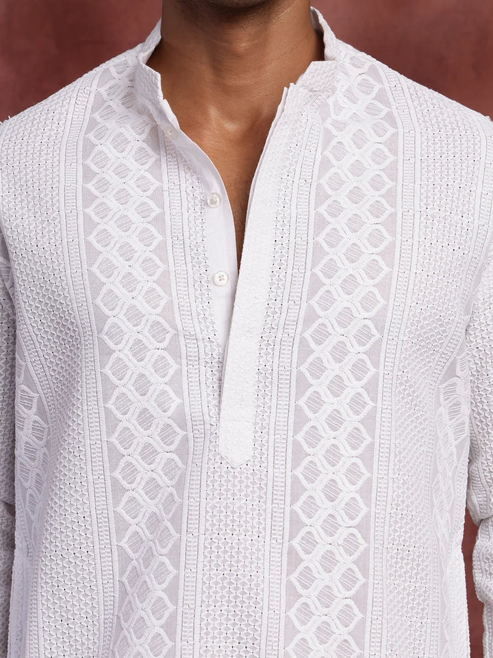 White Chikankari Embroidered Cotton Straight Kurta for Men - Image 7