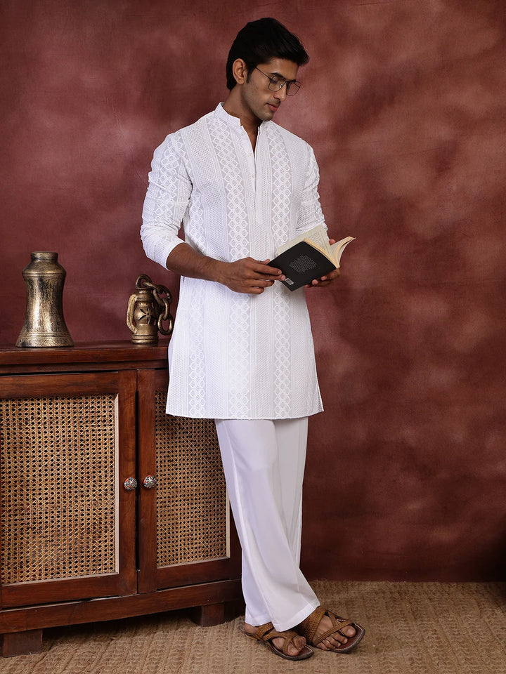 White Chikankari Embroidered Cotton Straight Kurta for Men - Image 8