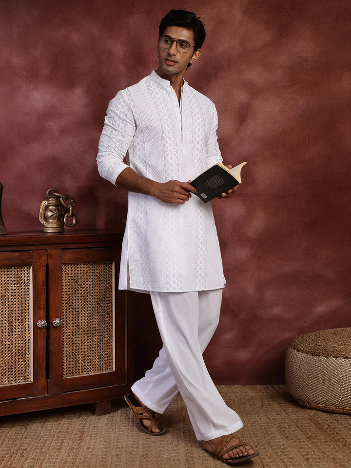 White Chikankari Embroidered Cotton Straight Kurta for Men - Image 9