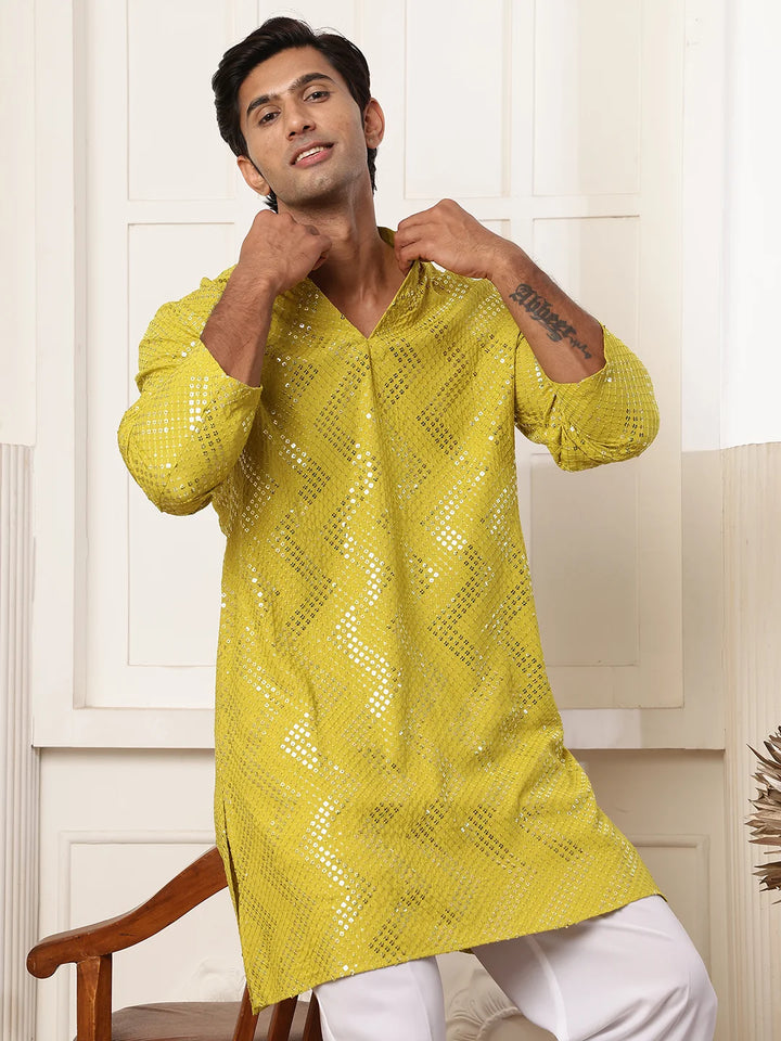 Lime Green Sequins Embroidered Viscose Rayon Straight Kurta for Men - Image 1