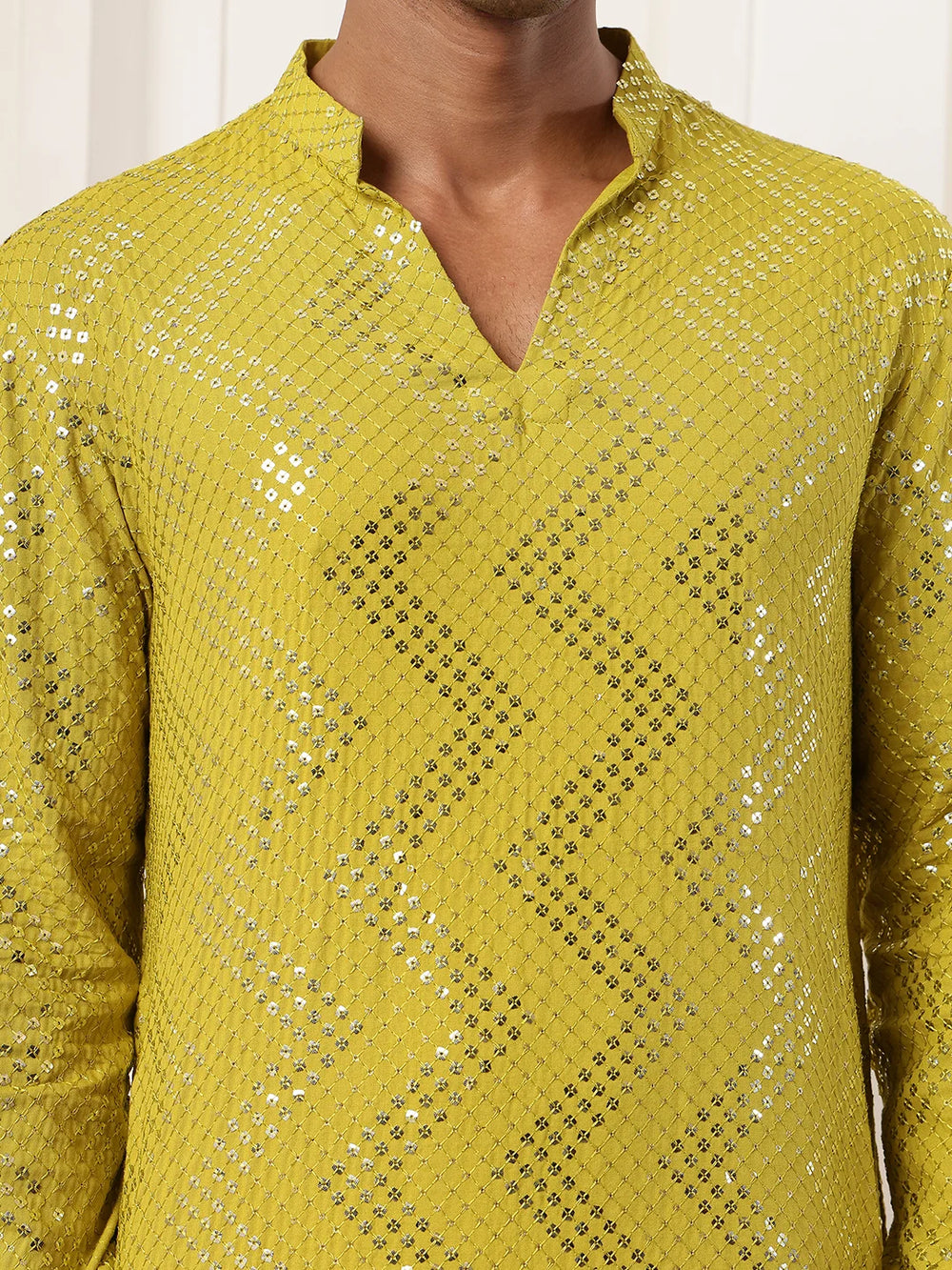 Lime Green Sequins Embroidered Viscose Rayon Straight Kurta for Men - Image 10