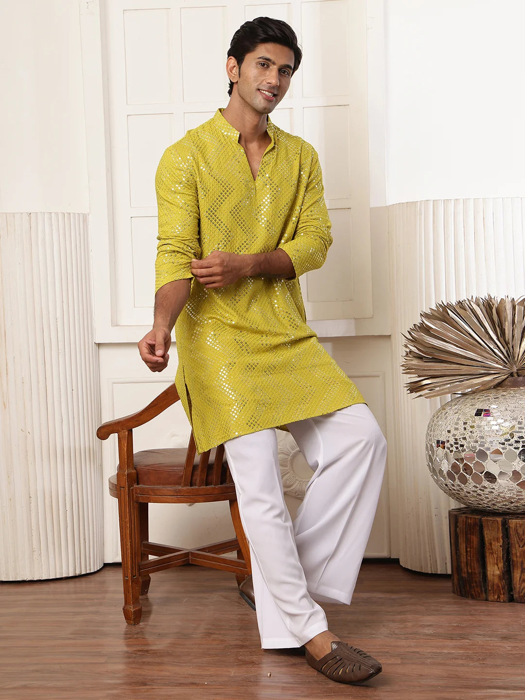 Lime Green Sequins Embroidered Viscose Rayon Straight Kurta for Men - Image 11