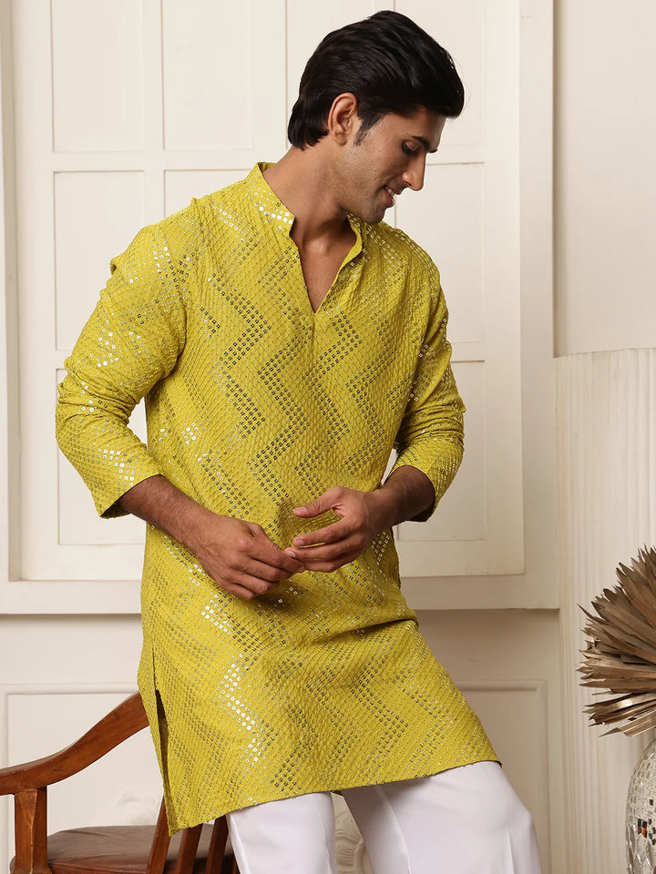 Lime Green Sequins Embroidered Viscose Rayon Straight Kurta for Men - Image 2