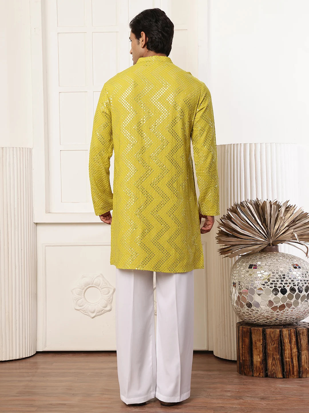 Lime Green Sequins Embroidered Viscose Rayon Straight Kurta for Men - Image 3