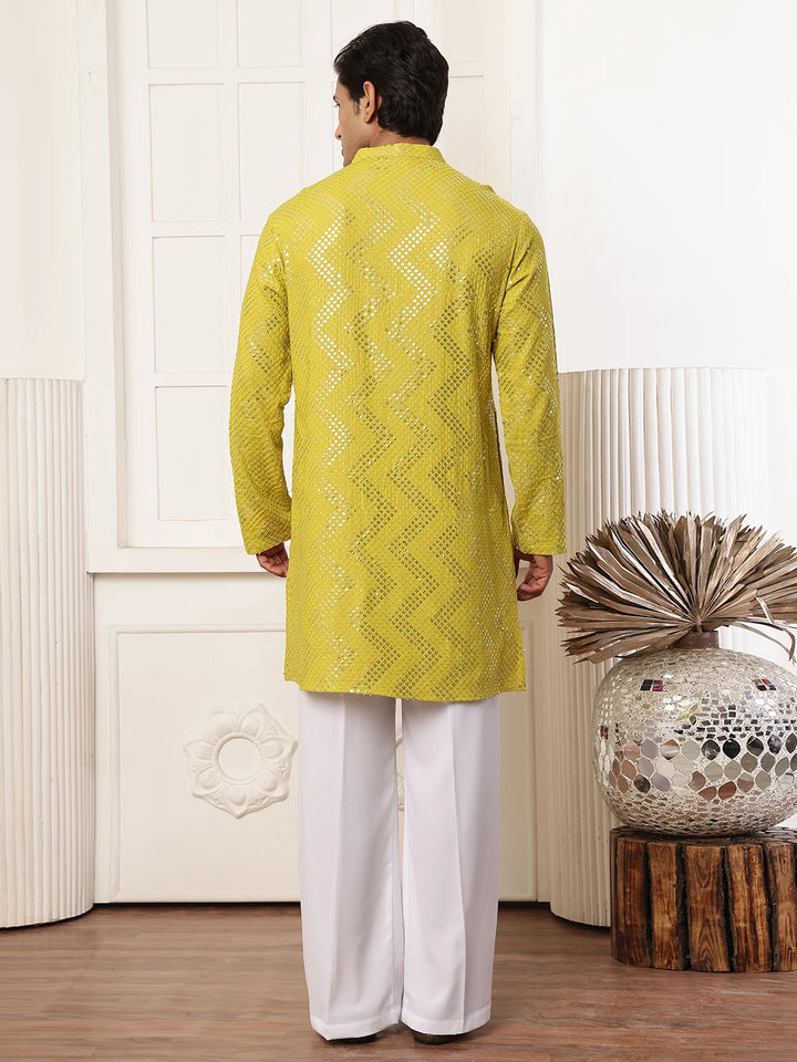 Lime Green Sequins Embroidered Viscose Rayon Straight Kurta for Men - Image 3
