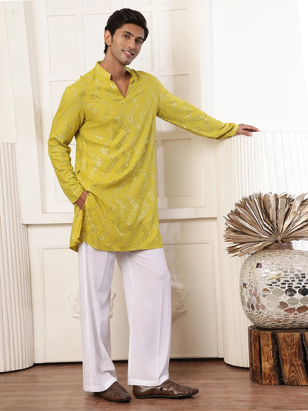 Lime Green Sequins Embroidered Viscose Rayon Straight Kurta for Men - Image 4