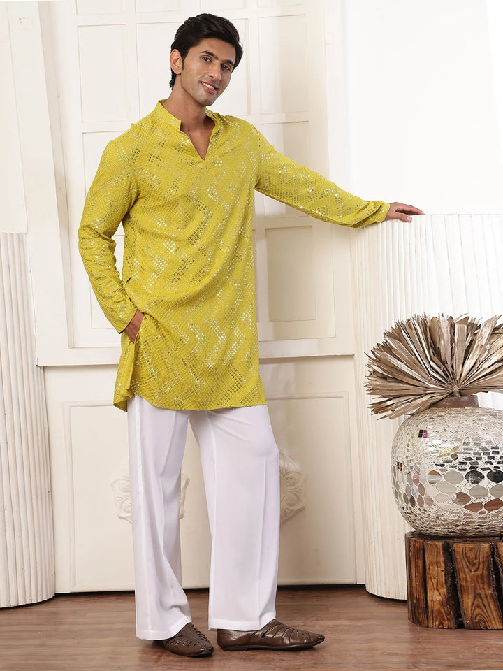 Lime Green Sequins Embroidered Viscose Rayon Straight Kurta for Men - Image 4