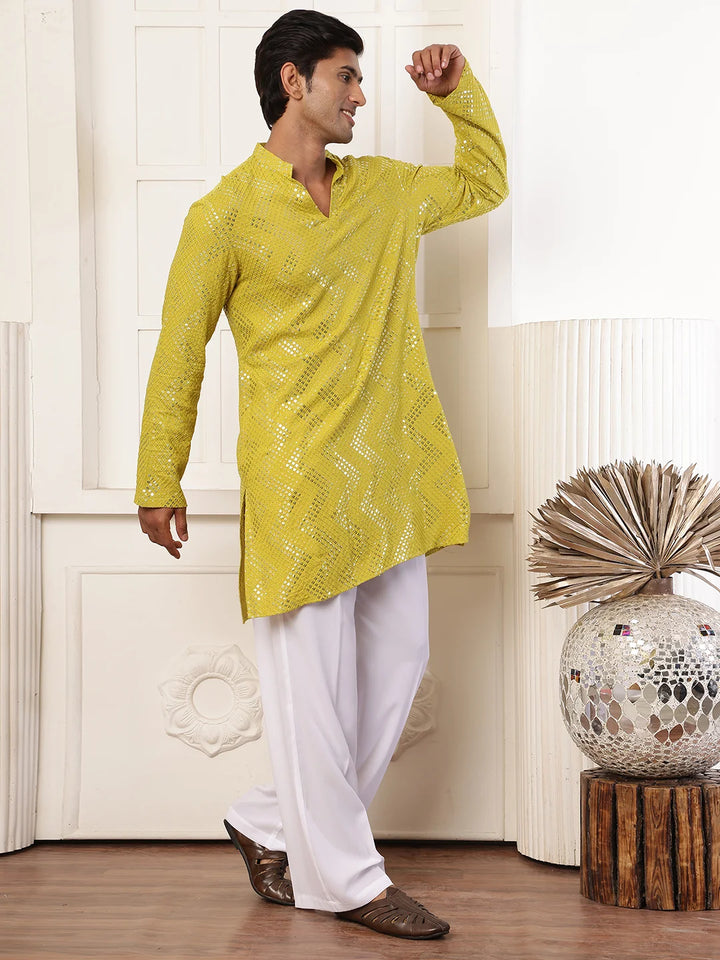 Lime Green Sequins Embroidered Viscose Rayon Straight Kurta for Men - Image 5