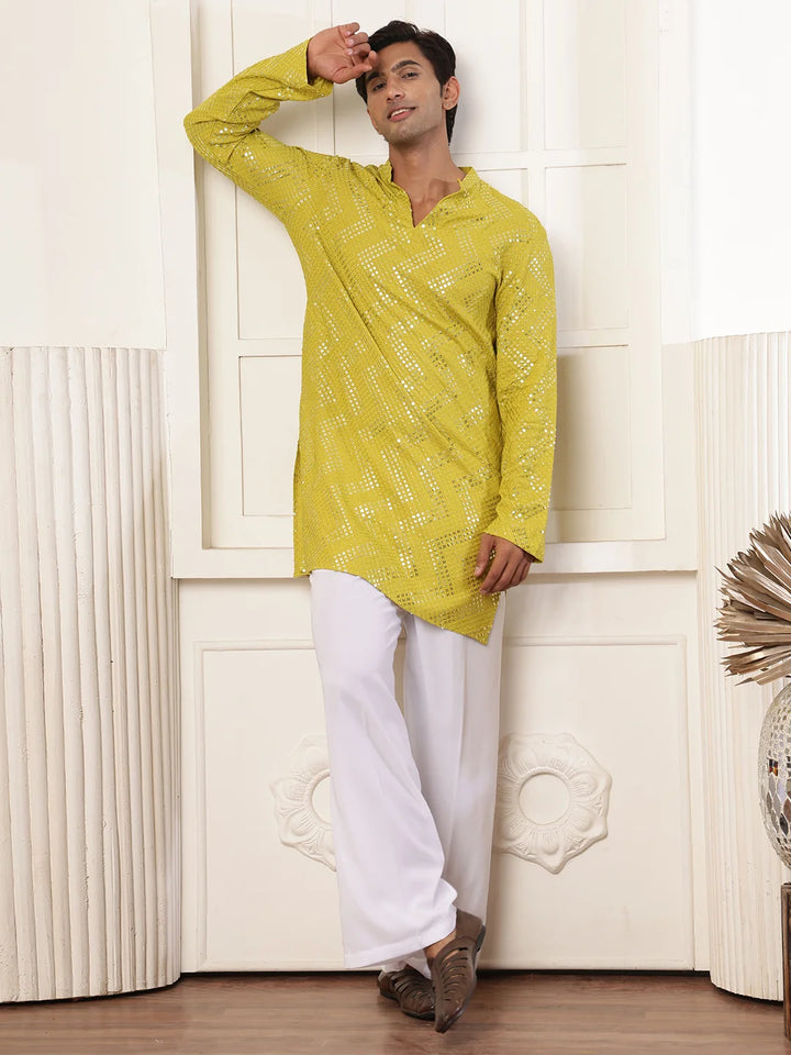 Lime Green Sequins Embroidered Viscose Rayon Straight Kurta for Men - Image 6