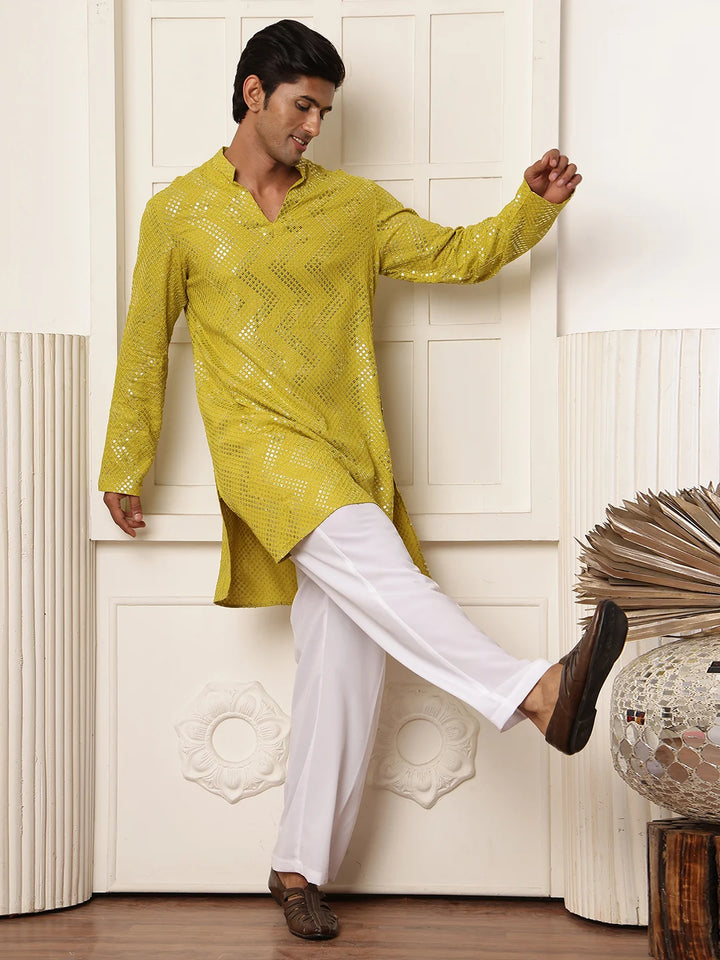 Lime Green Sequins Embroidered Viscose Rayon Straight Kurta for Men - Image 7