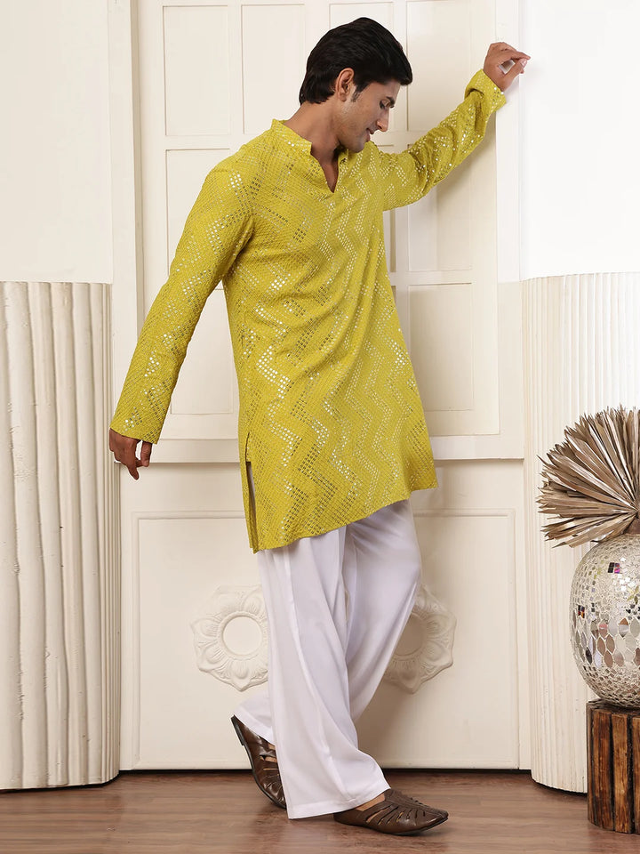 Lime Green Sequins Embroidered Viscose Rayon Straight Kurta for Men - Image 8