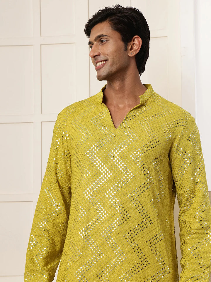 Lime Green Sequins Embroidered Viscose Rayon Straight Kurta for Men - Image 9