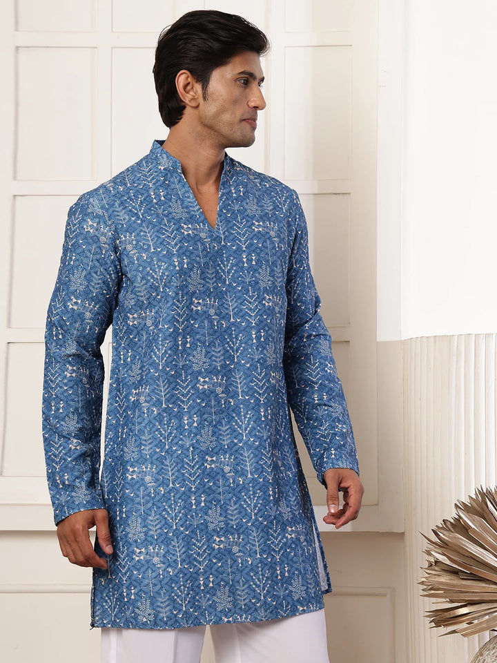 Blue Thread Work Embroidered Viscose Rayon Straight Kurta for Men - Image 1