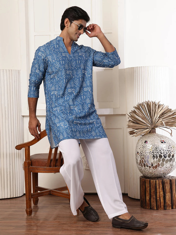 Blue Thread Work Embroidered Viscose Rayon Straight Kurta for Men - Image 10
