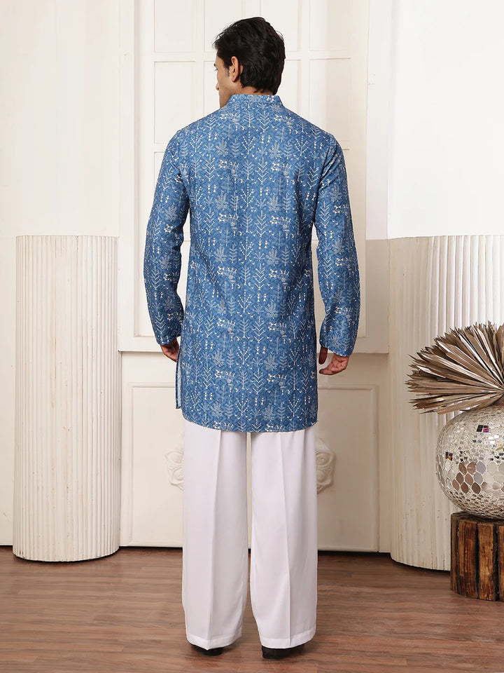 Blue Thread Work Embroidered Viscose Rayon Straight Kurta for Men - Image 2