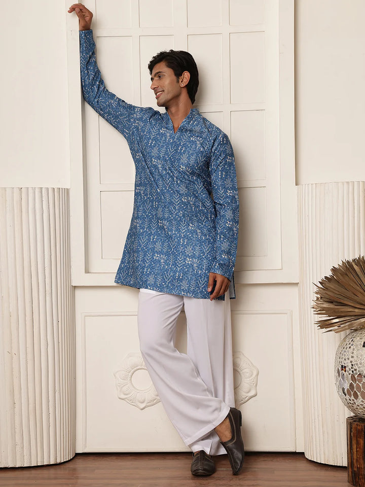 Blue Thread Work Embroidered Viscose Rayon Straight Kurta for Men - Image 3