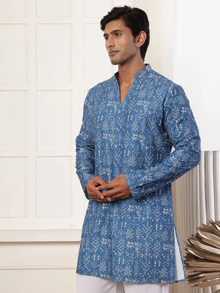 Blue Thread Work Embroidered Viscose Rayon Straight Kurta for Men - Image 4