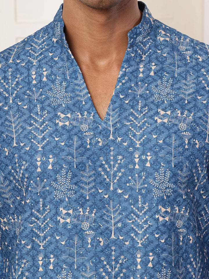 Blue Thread Work Embroidered Viscose Rayon Straight Kurta for Men - Image 5