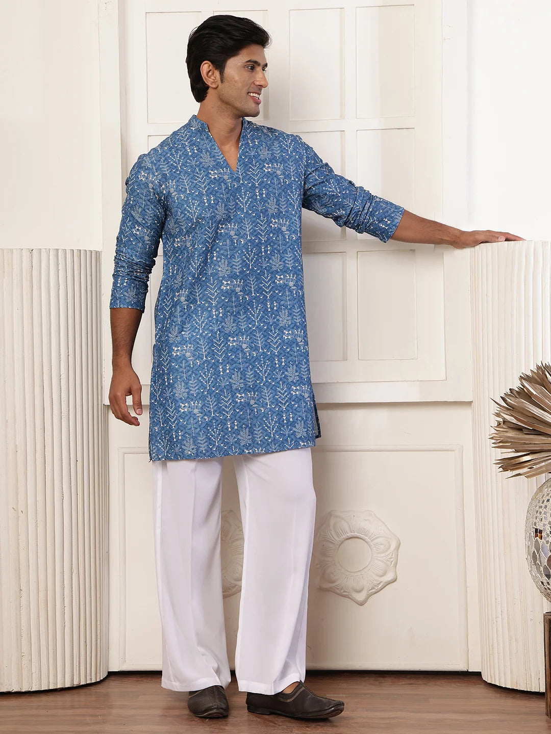 Blue Thread Work Embroidered Viscose Rayon Straight Kurta for Men - Image 6