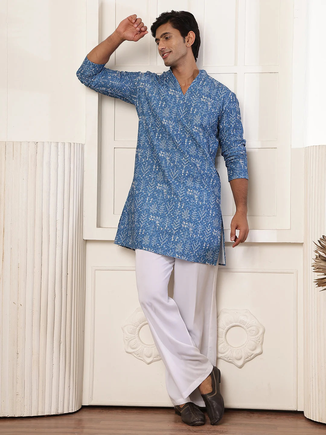 Blue Thread Work Embroidered Viscose Rayon Straight Kurta for Men - Image 7