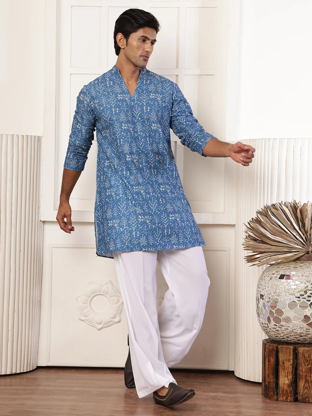 Blue Thread Work Embroidered Viscose Rayon Straight Kurta for Men - Image 8