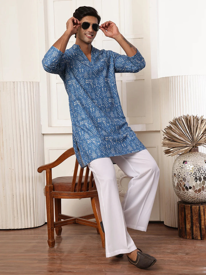 Blue Thread Work Embroidered Viscose Rayon Straight Kurta for Men - Image 9