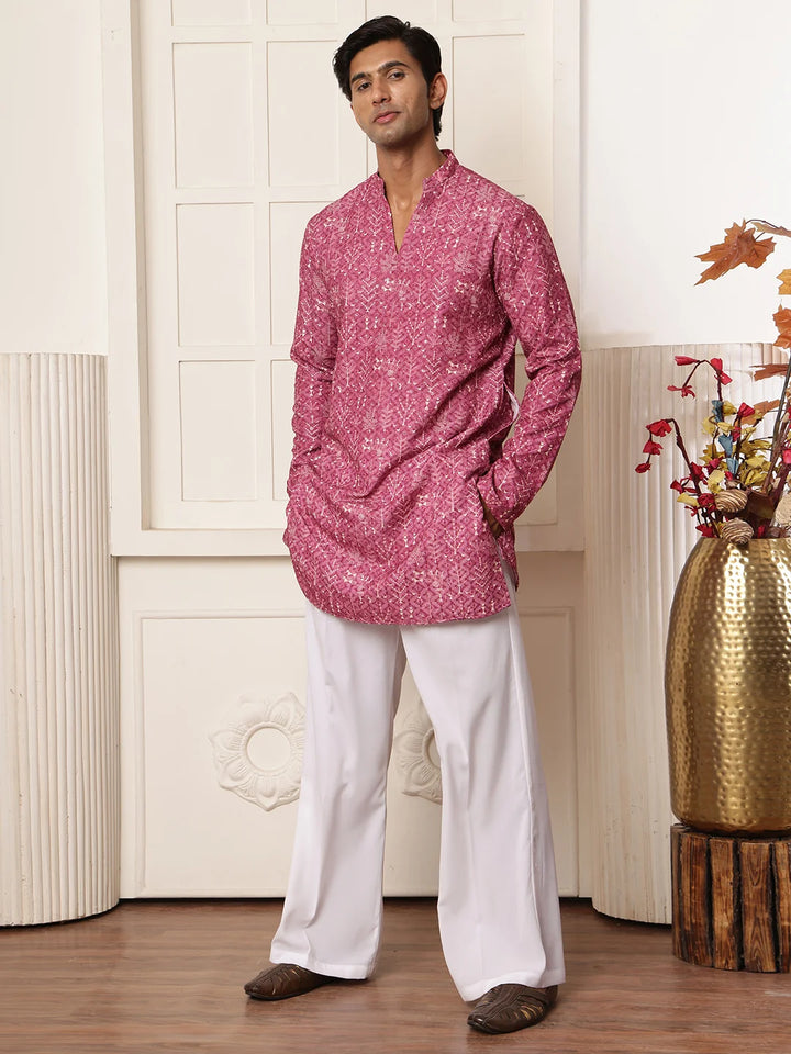 Purple Thread Work Embroidered Viscose Rayon Straight Kurta for Men - Image 1
