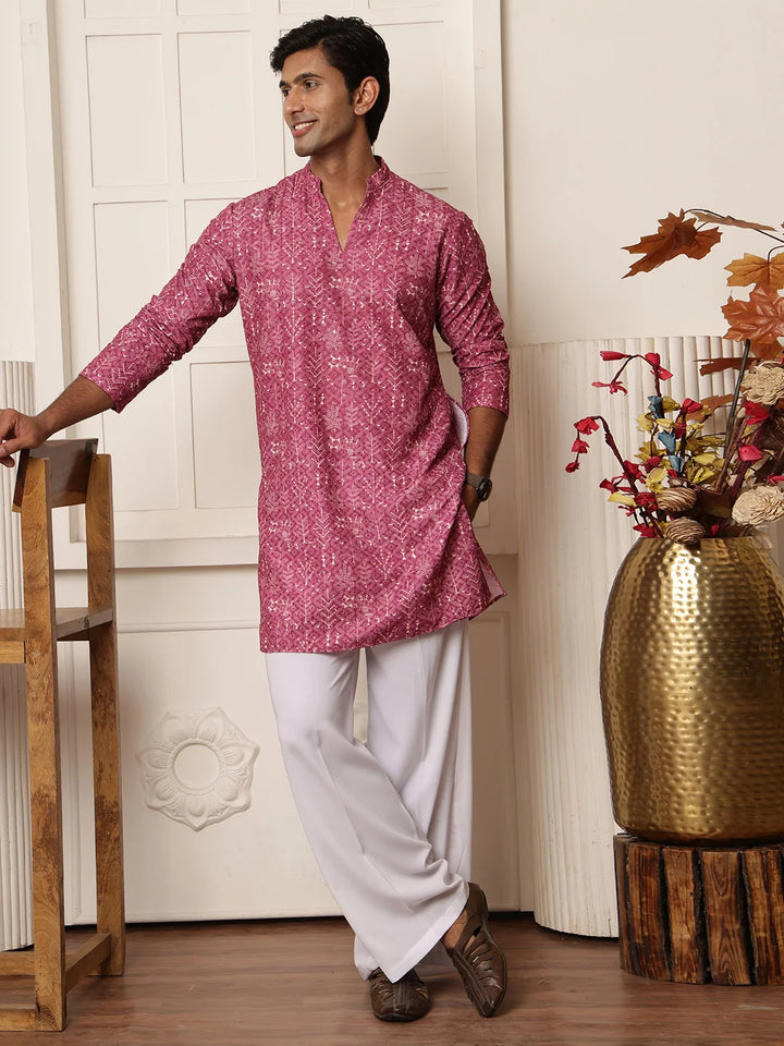Purple Thread Work Embroidered Viscose Rayon Straight Kurta for Men - Image 11
