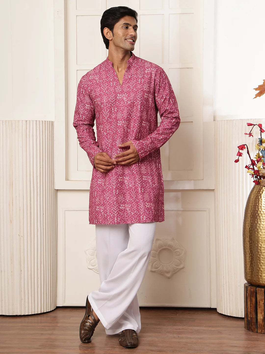 Purple Thread Work Embroidered Viscose Rayon Straight Kurta for Men - Image 2