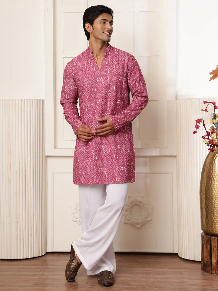 Purple Thread Work Embroidered Viscose Rayon Straight Kurta for Men - Image 2