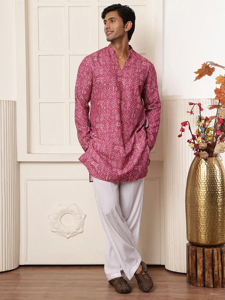 Purple Thread Work Embroidered Viscose Rayon Straight Kurta for Men - Image 3