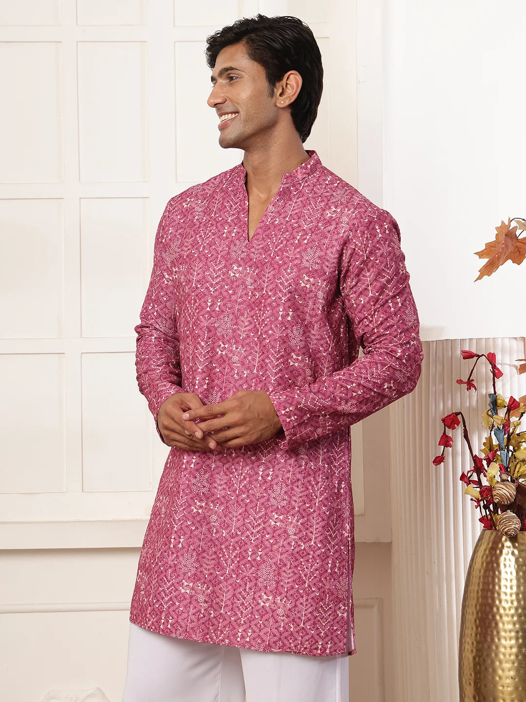 Purple Thread Work Embroidered Viscose Rayon Straight Kurta for Men - Image 4