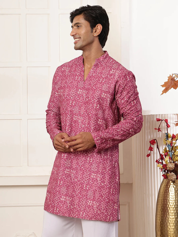 Purple Thread Work Embroidered Viscose Rayon Straight Kurta for Men - Image 4