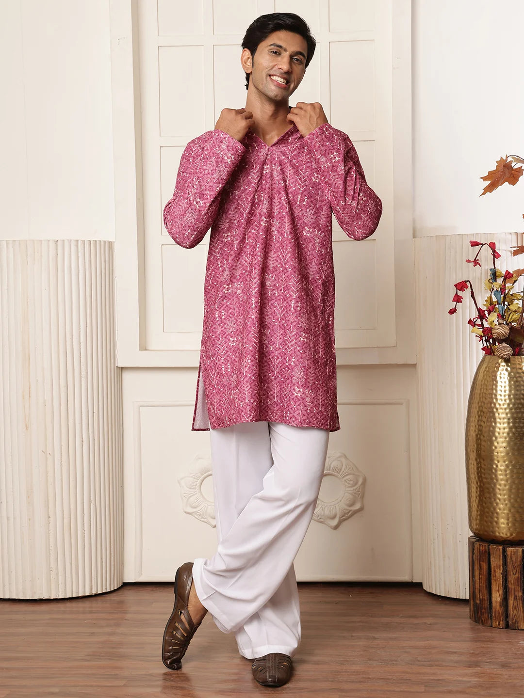 Purple Thread Work Embroidered Viscose Rayon Straight Kurta for Men - Image 5