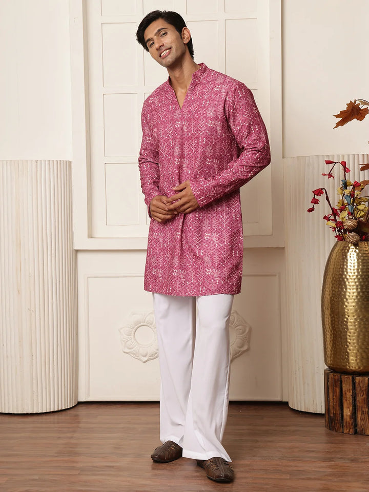 Purple Thread Work Embroidered Viscose Rayon Straight Kurta for Men - Image 6