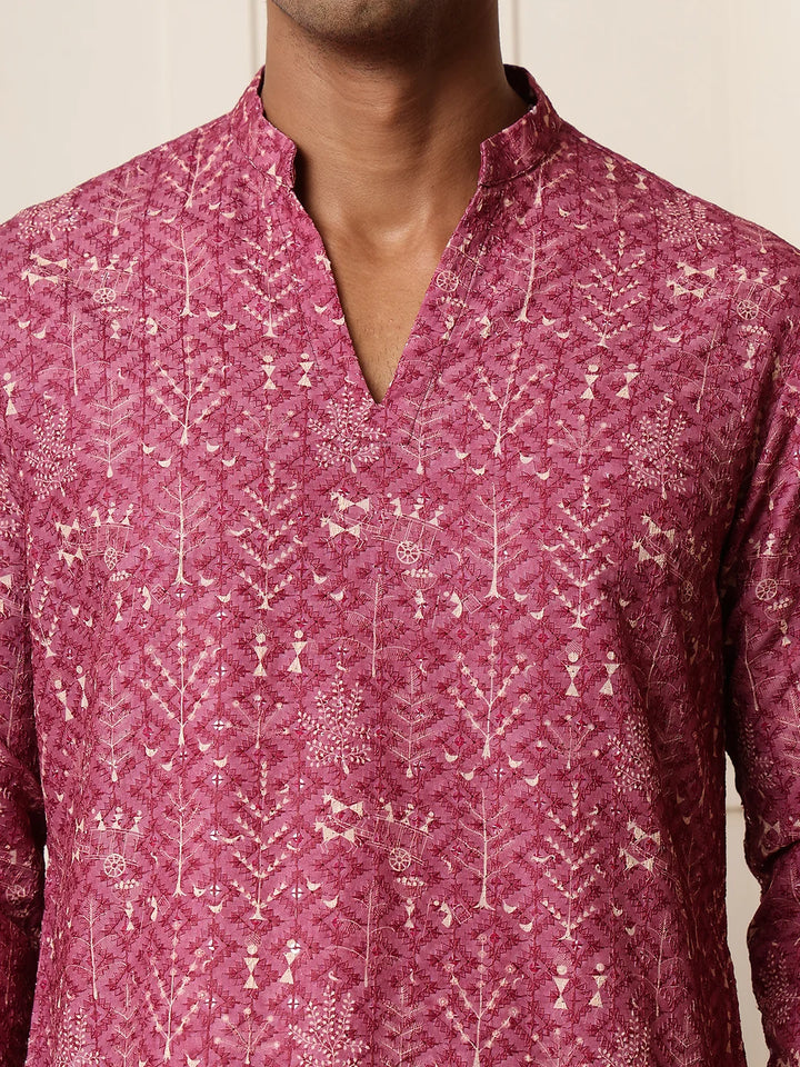 Purple Thread Work Embroidered Viscose Rayon Straight Kurta for Men - Image 9