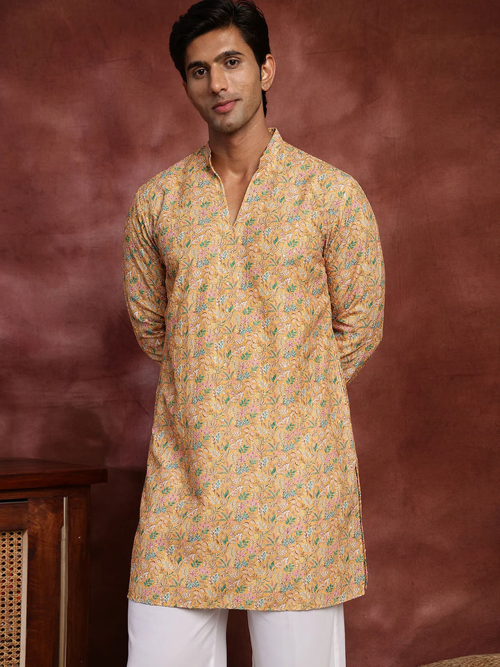 Yellow Thread Work Printed Viscose Rayon Straight Kurta for Men - Image 1