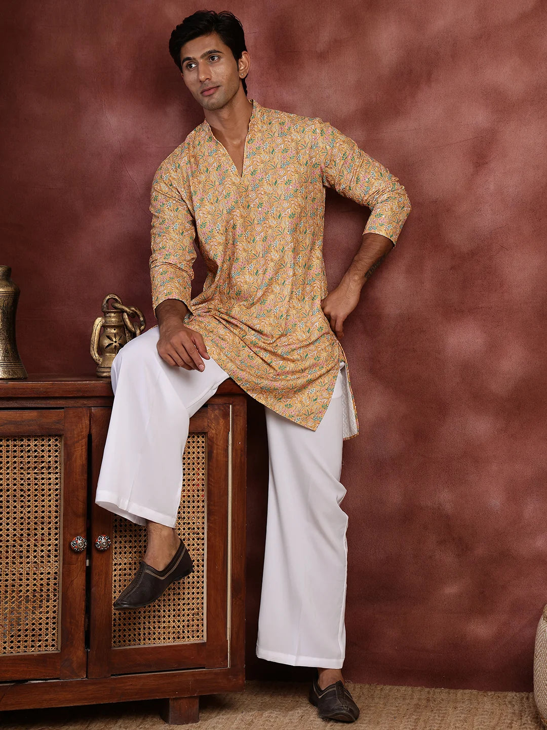 Yellow Thread Work Printed Viscose Rayon Straight Kurta for Men - Image 10